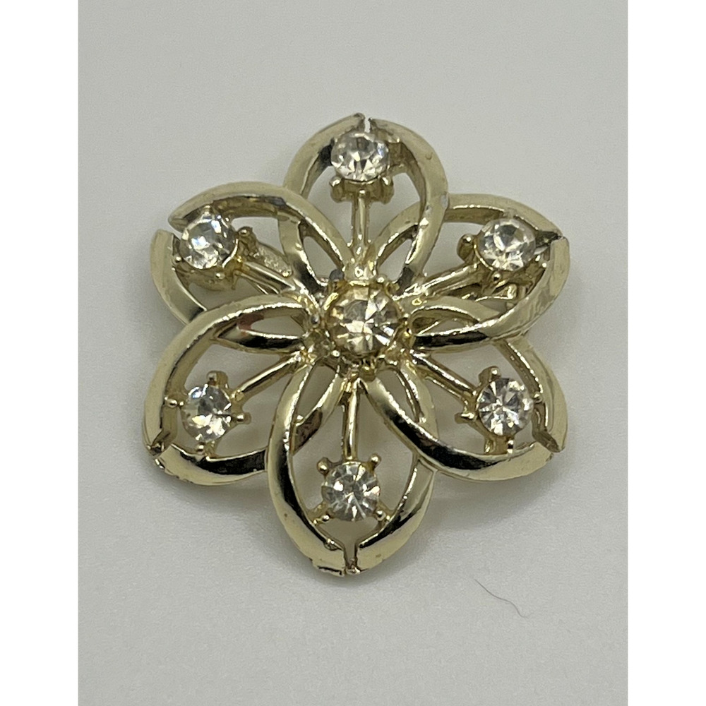 Vintage Light Gold & Rhinestone Flower Flower Costume Brooch MCM
